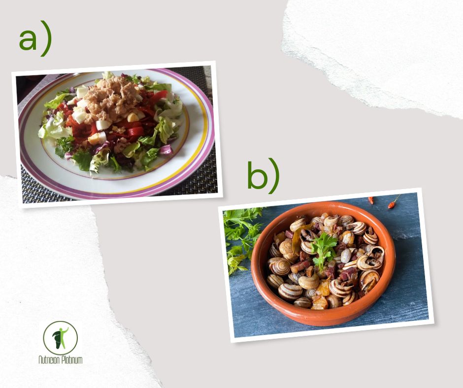 Ensalada de pimientos asados, atún y huevo con caracoles a la madrileña.